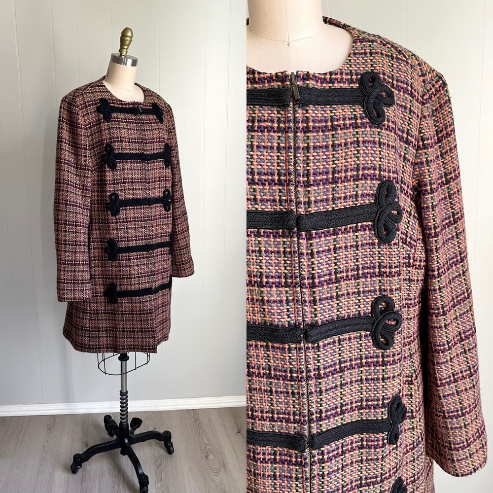 J Peterman Tweed Wool Coat Plus Size 18 Retro Vintage‎ Style Soutache Preppy